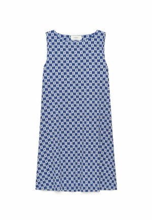 Abito blu senza maniche con motivo a diamante bianco e scollatura tonda, mostrato disteso su sfondo bianco.