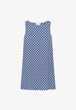 Abito blu senza maniche con motivo a diamante bianco e scollatura tonda, mostrato disteso su sfondo bianco.