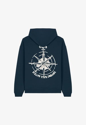 Navy hoodie with a front pocket, featuring a white embroidered compass design and the text "FOLLOW YOUR DREAMS" underneath.