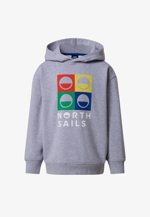 Ragazzo con capelli ricci castano chiaro indossa una felpa grigia con cappuccio con loghi quadrati rossi, gialli, verdi e blu e la scritta "NORTH SAILS" sul davanti.