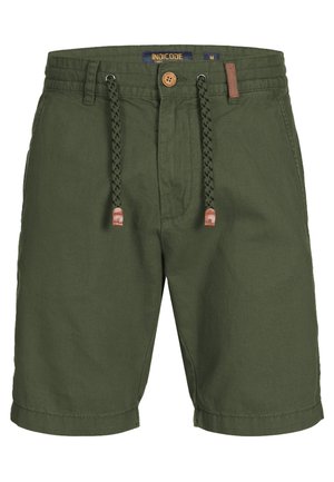 Olive green shorts made of lightweight fabric, featuring a drawstring waist with patterned laces and a brown button detail.
