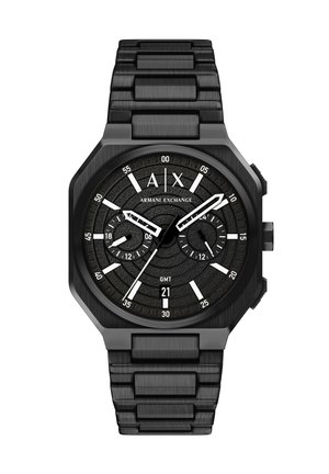 Black Armani Exchange wristwatch with metal band, round textured dial, white hour markers, two subdials, date window, and GMT function.