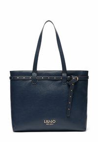 Borsa a tracolla in pelle blu navy con due manici, abbellimenti in metallo dorato e logo impresso alla base. Texture liscia, forma strutturata.