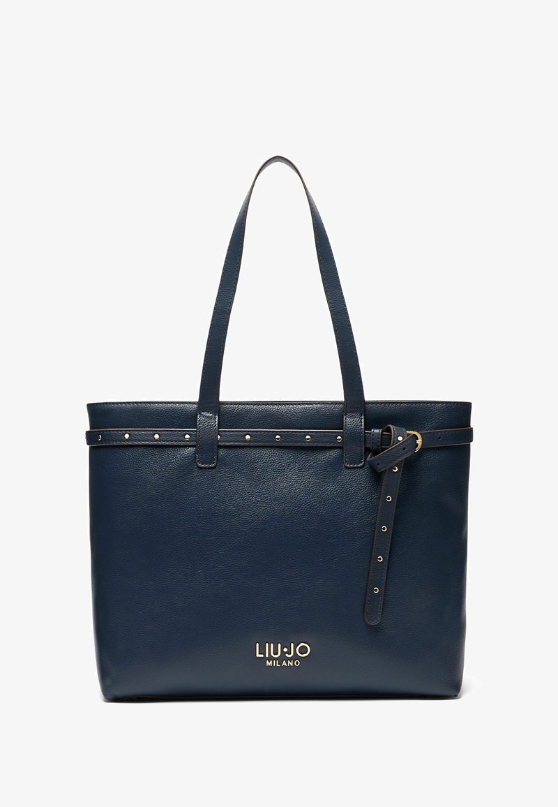 Borsa a tracolla in pelle blu navy con due manici, abbellimenti in metallo dorato e logo impresso alla base. Texture liscia, forma strutturata.