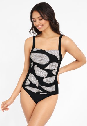 Black swimsuit with silver paisley print, featuring wide straps and a fitted design. Smooth material with a matte finish.