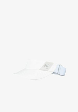 Visera deportiva blanca ajustable con el logo "Buff" en la banda frontal, con una visera curvada y una correa de tela con hebilla.