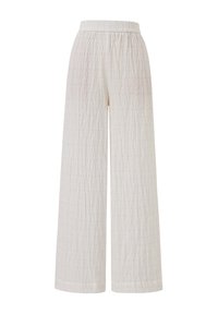 Witte wijde broek van gestructureerde stof met een gewatteerd patroon, voorzien van een elastische tailleband voor comfort en een relaxte pasvorm.