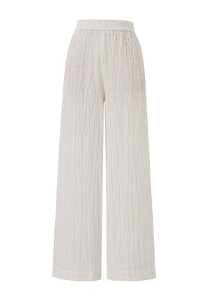 Witte wijde broek van gestructureerde stof met een gewatteerd patroon, voorzien van een elastische tailleband voor comfort en een relaxte pasvorm.
