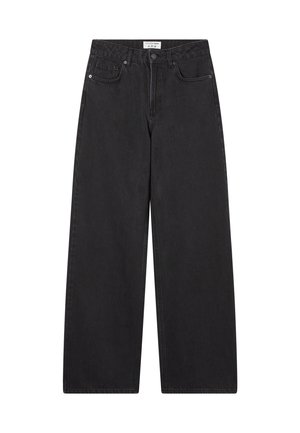 Czarne dżinsy o szerokich nogawkach, wykonane z denimu, z zapięciem na guzik, szlufkami na pasek oraz przednimi kieszeniami, o minimalistycznym wzornictwie i bez widocznych wzorów.