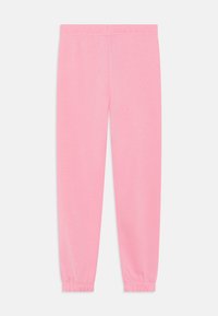 Rozā sporta bikses, kas izgatavotas no mīksta auduma; elastīga josta un aproces pie potītēm; gluda tekstūra bez redzamām rakstiem vai akcentiem.