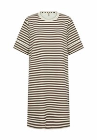 Striped t-shirt dress in white and brown, features a crew neckline and short sleeves, with horizontal stripes of varying widths.
