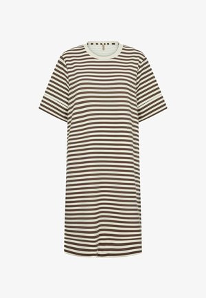 Röstripeeritud t-särk kleit valges ja pruunis, millel on ümmargune kaelus ja lühikesed varrukad, horisontaalsete triipudega erinevates laiustes.