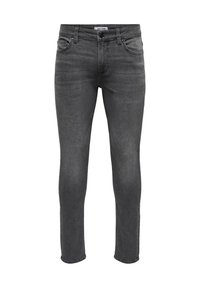 Jeans de mezclilla de corte slim en gris oscuro que presentan un diseño clásico de cinco bolsillos, cierre de cremallera y un ligero desgaste para añadir textura.