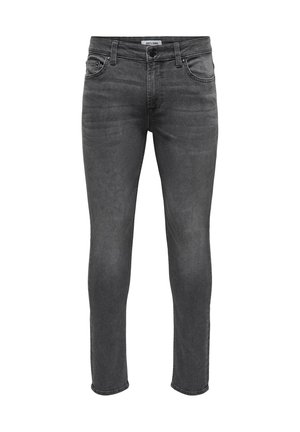 Jeans de mezclilla de corte slim en gris oscuro que presentan un diseño clásico de cinco bolsillos, cierre de cremallera y un ligero desgaste para añadir textura.