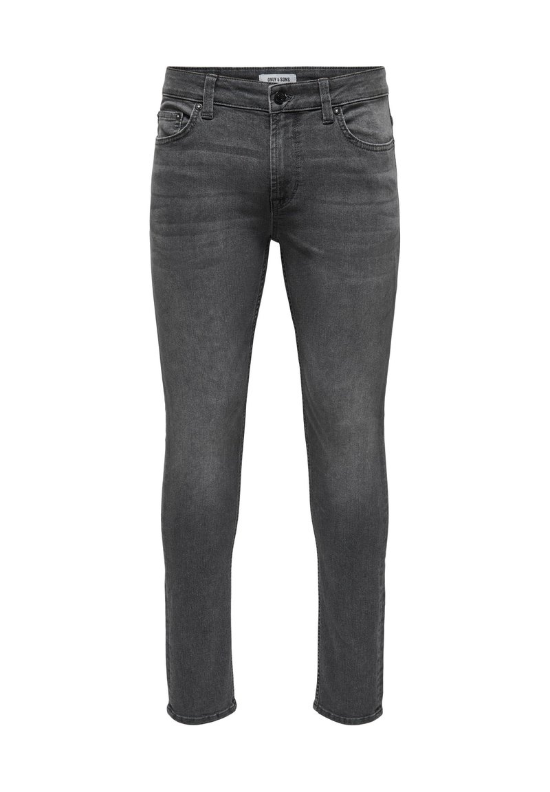 Jeans de mezclilla de corte slim en gris oscuro que presentan un diseño clásico de cinco bolsillos, cierre de cremallera y un ligero desgaste para añadir textura.