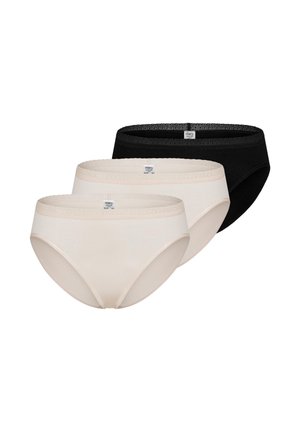 Drei Damenbaumwollslips in Schwarz und Beige, mit Spitzenbesatz und Markenetiketten auf dem vorderen Taillenbund.