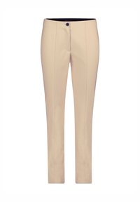 Světlé béžové kalhoty na míru vyrobené z hladké, lehké tkaniny. Obsahují zip a jednu knoflíkovou sponu s předními záhyby.