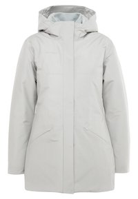 Lys grå vandtæt parka med hætte, to vinklede frontlommer med lynlås og lige snit. Glat, mat tekstur.
