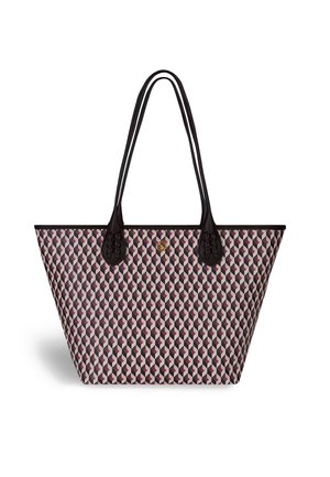 Tote bag van gepatternde stof met geometrische ontwerpen in tinten roze en bordeaux, met zwarte leren handvatten en accenten.