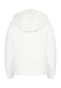 Vit puffarjacka med huva, med kviltat mönster, elastiska manschetter och rak passform. Bakvie visar slät tyg och minimalt med detaljer.