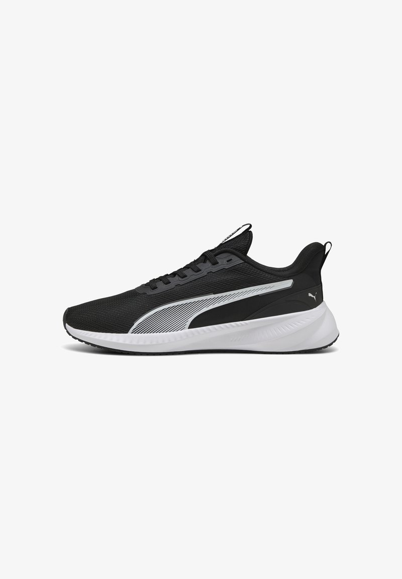Black athletic shoes with a mesh upper, featuring a white accent stripe and textured sole. Includes black laces and a heel tab.