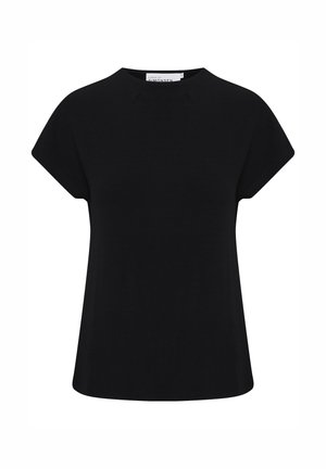 Top nero a maniche corte realizzato in tessuto liscio, con scollo rotondo, vestibilità ampia e dettagli di cuciture sottili sulle spalle.