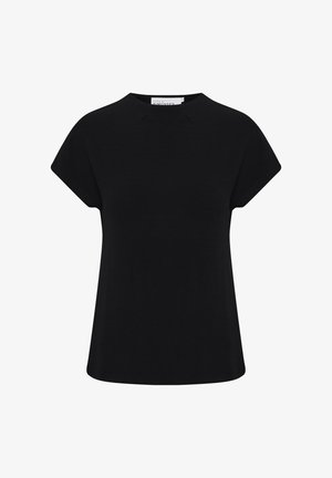Črna kratka majica s kratkimi rokavi iz gladkega blaga, z okroglim izrezom, sproščenim krojem in subtilnimi šivi na ramenih.