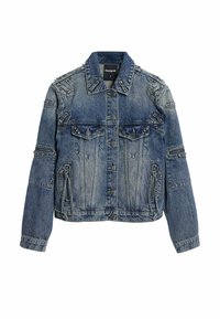 Džínová bunda so svetlým až tmavým praním, so špicatým golierom, dekoratívnymi nitmi na pleciach, dvoma prednými vreckami a zipsovými detailmi.