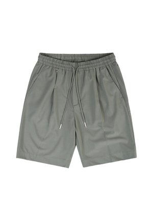 Light gray elastic waist shorts with drawstring, side pockets, subtle pleats, and metal zipper pull on the right pocket.
