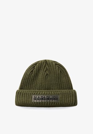 Green knitted beanie with a ribbed design, featuring a folded cuff and a rectangular logo patch on the front. Soft texture, close-fitting shape.