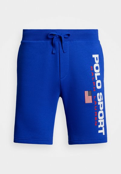 Mėlynos medvilninės šortai su raišteliu liemens juostoje, su balta ir raudona "POLO SPORT" užrašu šone ir Amerikos vėliavos grafika.