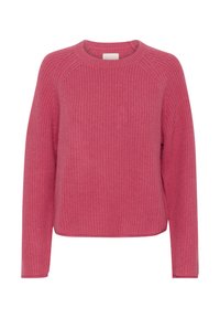 Roze ribgebreide trui met een ronde halslijn, lange raglanmouwen en een cropped zoom. Zachte textuur met een consistent patroon door het geheel.