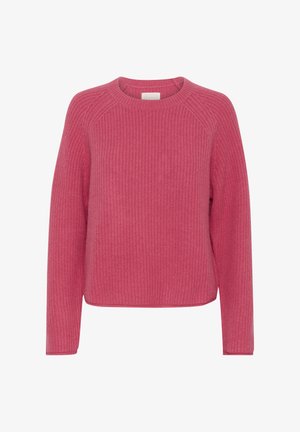 Suéter de punto acanalado rosa con un escote redondeado, mangas largas estilo raglán y un dobladillo corto. Textura suave con un patrón consistente en toda la prenda.