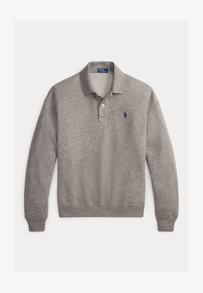 Gray long-sleeve polo sweater with ribbed cuffs, a two-button placket, and a small embroidered navy blue logo on the chest.