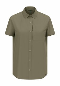 Korte mouwen shirt van olijfgroen stof, met een knoopsluiting aan de voorkant, een enkele borstzak en zichtbare stikdetails.