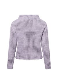 Fliederfarbener gestrickter Pullover mit strukturiertem, lockerem Gewebe, weiter Kragen und langen Ärmeln sowie einem taillierten Schnitt.