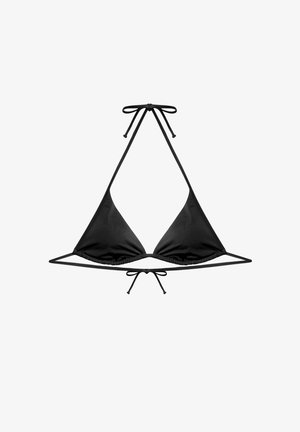 Czarny trójkątny top bikini z cienkimi regulowanymi wiązaniami na szyi i plecach na białym tle.
