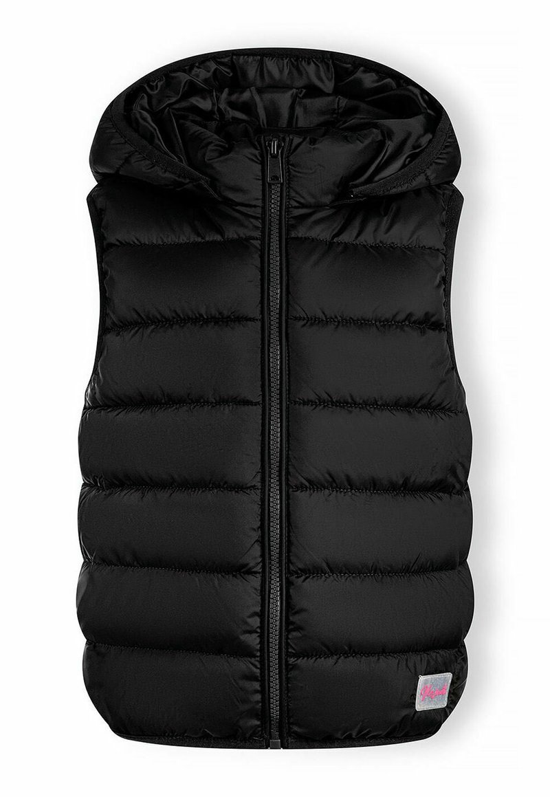 Black padded vest with a hood, featuring a full-length zipper and glossy texture. Includes a small logo patch in a contrasting color.