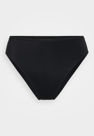 Black bikini bottom with a smooth texture. Features a high-cut leg and a soft waistband with "Calvin Klein" logo along the top.
