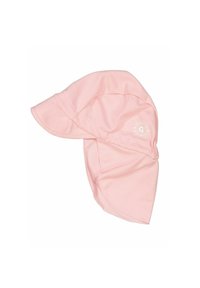 Vaaleanpunainen aurinkohattu, joka on valmistettu teksturoidusta kankaasta ja jossa on leveä lippa ja solmukuvio. Hatussa on pyöreä logo sivussa.