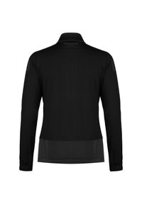 Giacca sportiva nera con maniche lunghe, colletto alto e pannello a contrasto nella parte inferiore. Tessuto liscio dal design elegante, senza chiusure visibili.