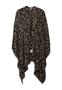 Leopardmönstrad poncho i mörkbrunt och beige, med V-ringning, öppen front och fransad nederkant för extra textur. Tillverkad av ett mjukt material.