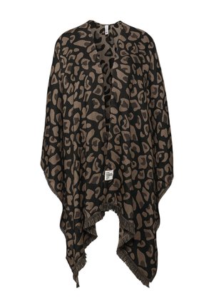 Leopardprint poncho in donkerbruin en beige, met een V-hals, open voorkant en franjes aan de onderkant voor extra textuur. Gemaakt van een zacht materiaal.