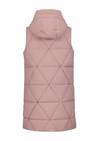 Gilet en duvet rose clair avec capuche, présentant un motif en losanges et une texture lisse, conçu sans manches pour une liberté de mouvement.