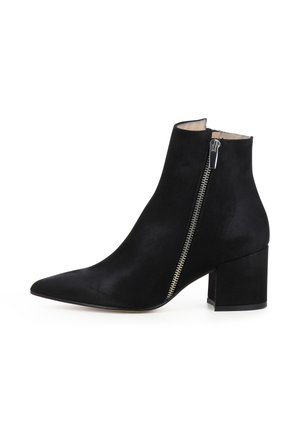 Stivale alla caviglia in suede nero con punta affilata, dettaglio con zip laterale e tacco spesso. Texture liscia e design minimalista.