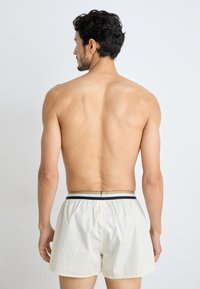 Witte katoenen boxershorts met een elastische tailleband met een zwart en beige streep. Zichtbare details aan de achterkant en schouder.