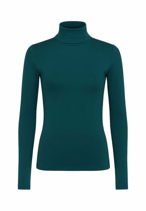 Maglione a maniche lunghe color turchese realizzato in un materiale morbido e stretch. Design aderente con collo alto e polsini senza cuciture.