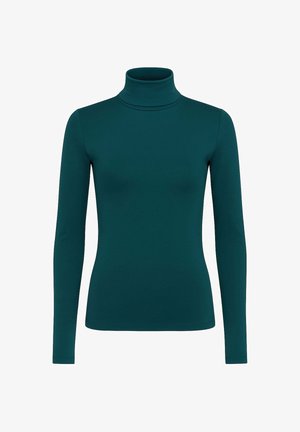 Maglione a maniche lunghe color turchese realizzato in un materiale morbido e stretch. Design aderente con collo alto e polsini senza cuciture.
