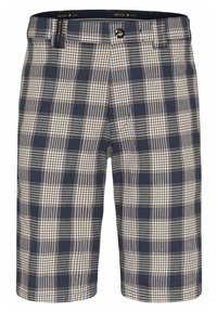 Heren geblokte shorts in marineblauw, wit en oranje. Voorzien van een knoopsluiting en riemlussen. Zachte stof met een geruit patroon en knielengte.