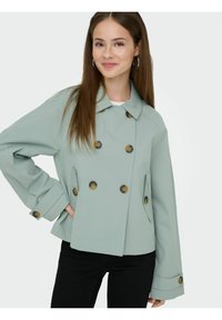 Jeune femme aux longs cheveux bruns portant une veste croisée vert clair à gros boutons et un pantalon noir, souriant légèrement.